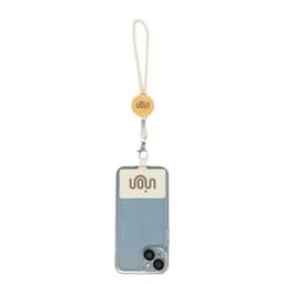 A smartphone case in pale blue with a light strap and logo at the top.