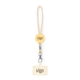 A silicon wristband featuring a wooden charm and a clip, primarily in neutral tones. It includes branding.