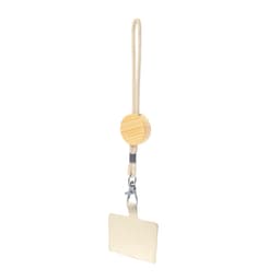 A silicone wristband in beige attached to a wooden clip, featuring a rectangular tag with a smooth surface.
