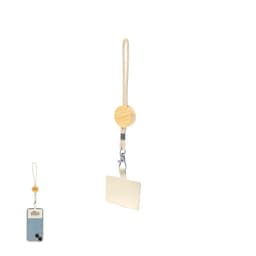 A wooden phone strap featuring a metal attachment with a small shovel design. The strap is beige in colour.