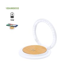 A multifunction wireless charger and lamp featuring a bamboo base and a white circular light ring.