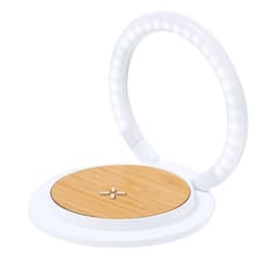 A multifunction lamp with a circular light feature and a wooden base in white and natural wood tones.