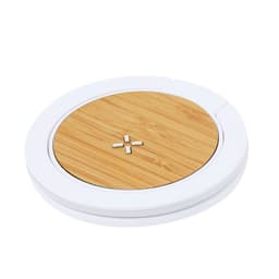 A round wireless charger with a bamboo surface and a white base, featuring a small logo in the centre.