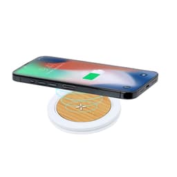 A wireless charger with a sleek white base and a bamboo surface, complemented by a smartphone displaying a charging icon.
