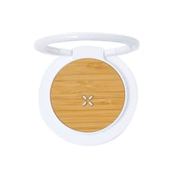 A round, white multifunction lamp with a wooden surface, featuring a handle and a logo on the base.