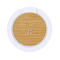 A circular wireless charger with a bamboo surface and a white base. It features a simple design with a logo.