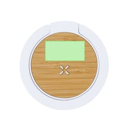 A round, multifunction lamp with a bamboo top and white base, featuring a logo on the surface.