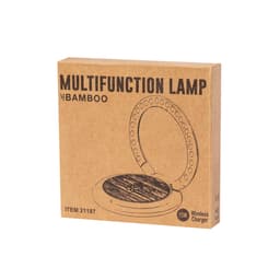 A brown box featuring a multifunction lamp design, with a wireless charger and a bamboo-inspired aesthetic.