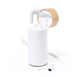 A set of white earphones in a cylindrical charging case made of bamboo and white material, featuring a logo.