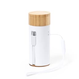 A white power bank with a bamboo top and a built-in charging cable. Features a logo on the side.