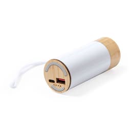 A portable power bank with a white cylindrical body and a bamboo base, featuring USB-C and USB ports.