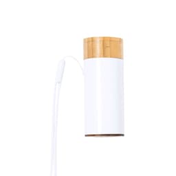 A white power bank with a bamboo cap and a white charging cord attached. Features a logo on the surface.
