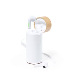 A white power bank with earphones, featuring a wooden cap and one wireless earbud resting beside it.