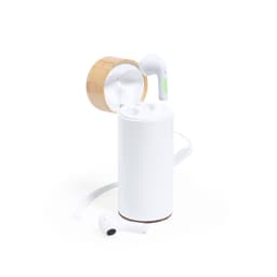 A white power bank with bamboo detailing, featuring wireless earphones resting beside it.