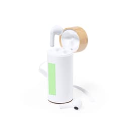 A white power bank with bamboo accents and matching white earbuds is displayed together in the image.