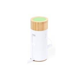 A white and bamboo power bank with a green top, featuring a charging cable and a branding logo.