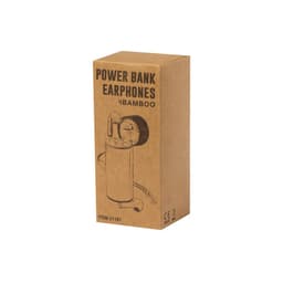 A kraft cardboard box containing bamboo power bank earphones, featuring a logo and an illustration of the product.