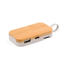 A rectangular USB hub featuring a bamboo top, grey sides, and multiple ports, with a loop for easy attachment.
