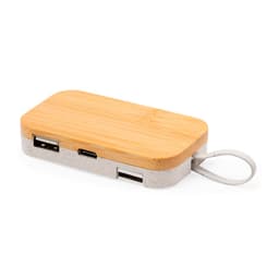 A USB hub with a bamboo top and grey base, featuring multiple ports and a loop for easy carrying.
