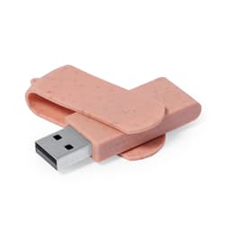 A pink 16GB USB drive with a flexible design and a metallic connector. It features a branding logo.