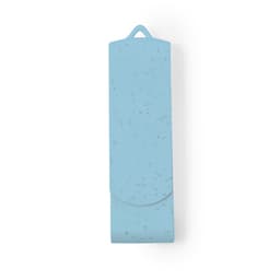 A blue 16GB USB drive with a smooth design and a small loop for attachment. It includes a branding logo.