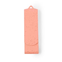 A pink USB drive with a textured design, featuring a logo and a loop for attachment.