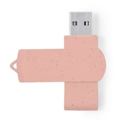 A pink USB drive with a grey connector, featuring a rounded design and a logo.