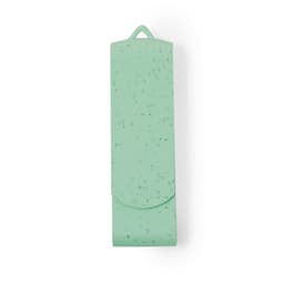 A mint green USB drive with a speckled design, featuring a protective cover and a loop for attachment.