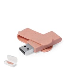 A pink 16GB USB drive with a flexible design, alongside a small white storage case.