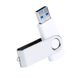 A white 16GB USB drive with a swivel mechanism and a metallic cap, featuring a logo on the side.