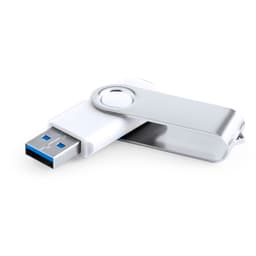 A white and silver USB drive with a swivel design and a logo, featuring a USB 3.0 connector.