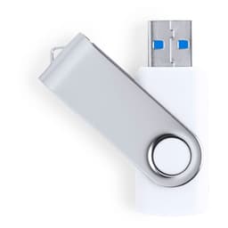 A silver and white 16GB USB drive featuring a swivel design and a branding logo.