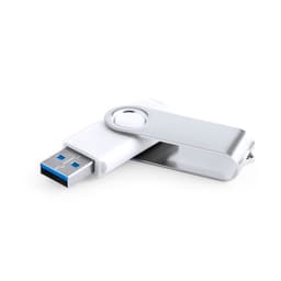 A white and silver USB drive with a swivel design and blue connector. It features a logo on the side.