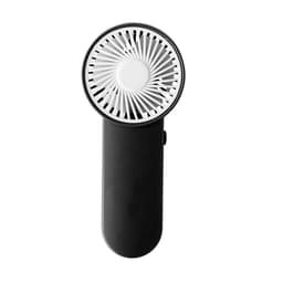 A black portable fan with a round white grille and a sleek handle. It features a branding logo.