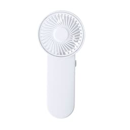 A white portable fan with a circular design and a handle, featuring a branding logo.
