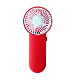 A red portable fan with a circular grille, featuring a button on the side and a branding logo.