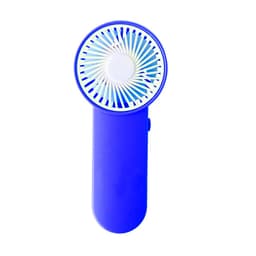 A portable blue fan with a round front and a sleek handle, featuring a logo on its side.