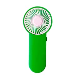 A green handheld fan with a pink front grille and a button on the side, featuring a logo.