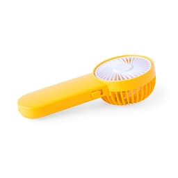 A yellow handheld fan featuring a circular design and a grip handle. It includes a branding logo.