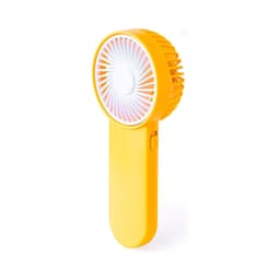 A portable fan in bright yellow with a round face and a handle, featuring a logo on the base.