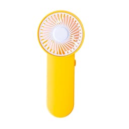 A yellow portable fan with a circular design and a logo on its handle. Ideal for leisure and outdoor activities.