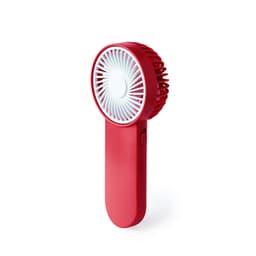 A red portable fan with a rounded design and a handle, featuring a logo on the side.