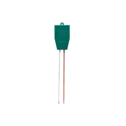 A green soil moisture meter with two metal probes, one white and one copper. It features a logo on the top.