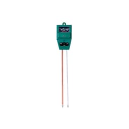 A moisture meter with two probes, one copper and one silver, in a green casing featuring a gauge.