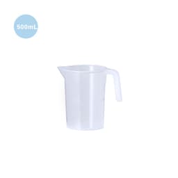 A transparent measuring jug with a handle, marked with millilitre measurements, holding 500ml.