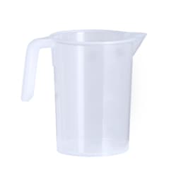 A clear plastic measuring jug with a handle and spout, featuring a simple design and lightweight construction.