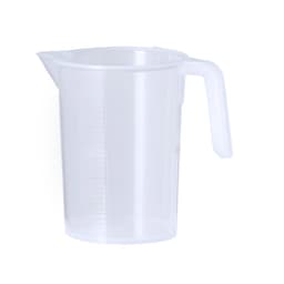 A transparent plastic measuring jug with a handle and measurement markings on the side.