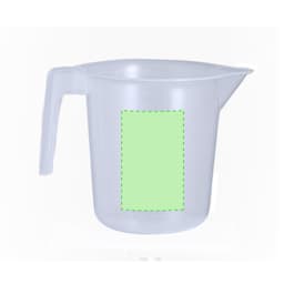 A transparent measuring jug with a handle, featuring a plain area for labelling. It is colourless and lightweight.
