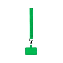A bright green lanyard with a rectangular tag holder attached at the end.
