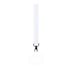 A white lanyard with a clip and a transparent plastic name tag holder at the bottom.